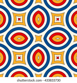 Bright ethnic abstract background. Seamless pattern with symmetric geometric ornament. Ornamental mosaic texture. Vector illustration