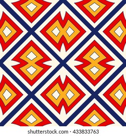 Bright ethnic abstract background. Seamless pattern with symmetric geometric ornament. Ornamental mosaic texture. Vector illustration