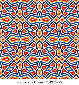Bright ethnic abstract background. Seamless pattern with symmetric geometric ornament. Ornamental kaleidoscope texture. Vector illustration