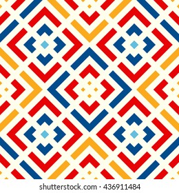 Bright ethnic abstract background. Seamless pattern with symmetric geometric ornament. Ornamental mosaic texture. Vector illustration