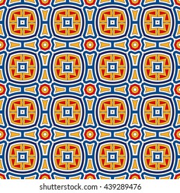 Bright ethnic abstract background. Seamless pattern with symmetric geometric ornament. Ornamental vivid wallpaper. Vector illustration