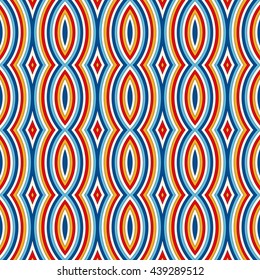 Bright ethnic abstract background. Seamless pattern with symmetric geometric ornament. Ornamental vivid wallpaper. Vector illustration