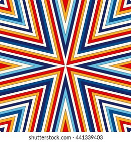 Bright ethnic abstract background. Seamless pattern with symmetric geometric ornament. Striped ornamental vivid wallpaper. Vector illustration