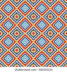 Bright ethnic abstract background. Seamless pattern with symmetric geometric ornament. Ornamental vivid wallpaper. Vector illustration