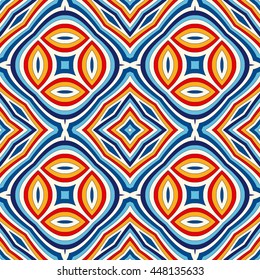 Bright ethnic abstract background. Seamless pattern with symmetric geometric ornament. Ornamental vivid wallpaper. Vector illustration