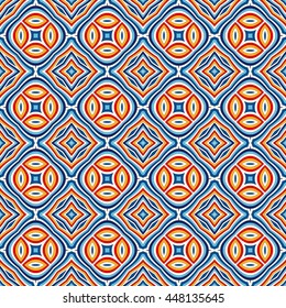 Bright ethnic abstract background. Seamless pattern with symmetric geometric ornament. Ornamental vivid wallpaper. Vector illustration