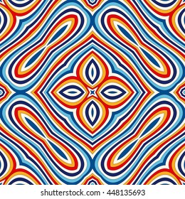 Bright ethnic abstract background. Seamless pattern with symmetric geometric ornament. Ornamental vivid wallpaper. Vector illustration