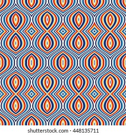 Bright ethnic abstract background. Seamless pattern with symmetric geometric ornament. Ornamental vivid wallpaper. Vector illustration