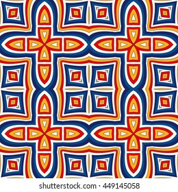 Bright ethnic abstract background. Seamless pattern with symmetric geometric ornament. Ornamental vivid wallpaper. Vector illustration
