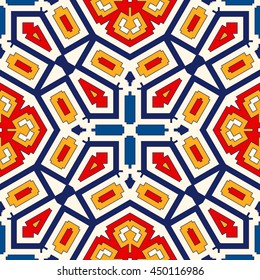 Bright ethnic abstract background. Seamless pattern with symmetric geometric ornament. Ornamental vivid wallpaper. Vector illustration
