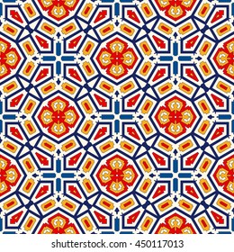 Bright ethnic abstract background. Seamless pattern with symmetric geometric ornament. Ornamental vivid wallpaper. Vector illustration