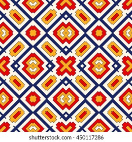 Bright ethnic abstract background. Seamless pattern with symmetric geometric ornament. Ornamental vivid wallpaper. Vector illustration