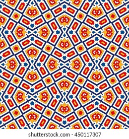 Bright ethnic abstract background. Seamless pattern with symmetric geometric ornament. Ornamental vivid wallpaper. Vector illustration