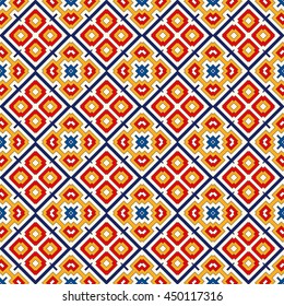 Bright ethnic abstract background. Seamless pattern with symmetric geometric ornament. Ornamental vivid wallpaper. Vector illustration