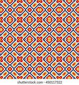Bright ethnic abstract background. Seamless pattern with symmetric geometric ornament. Ornamental vivid wallpaper. Vector illustration