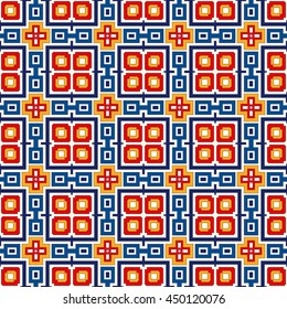 Bright ethnic abstract background. Seamless pattern with symmetric geometric ornament. Ornamental vivid wallpaper. Vector illustration