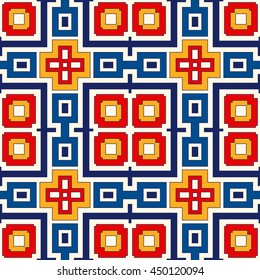 Bright ethnic abstract background. Seamless pattern with symmetric geometric ornament. Ornamental vivid wallpaper. Vector illustration