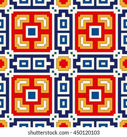 Bright ethnic abstract background. Seamless pattern with symmetric geometric ornament. Ornamental vivid wallpaper. Vector illustration