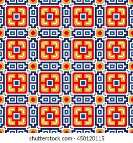 Bright ethnic abstract background. Seamless pattern with symmetric geometric ornament. Ornamental vivid wallpaper. Vector illustration