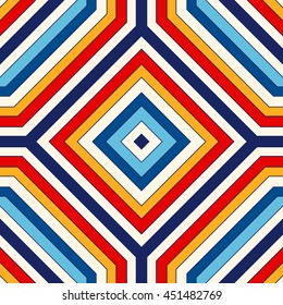 Bright ethnic abstract background. Seamless pattern with symmetric geometric ornament. Ornamental vivid wallpaper. Vector illustration