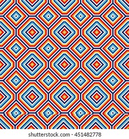 Bright ethnic abstract background. Seamless pattern with symmetric geometric ornament. Ornamental vivid wallpaper. Vector illustration