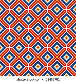 Bright ethnic abstract background. Seamless pattern with symmetric geometric ornament. Ornamental vivid wallpaper. Vector illustration