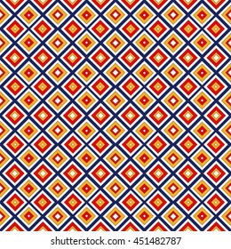Bright ethnic abstract background. Seamless pattern with symmetric geometric ornament. Ornamental vivid wallpaper. Vector illustration