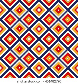 Bright ethnic abstract background. Seamless pattern with symmetric geometric ornament. Ornamental vivid wallpaper. Vector illustration