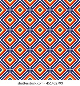 Bright ethnic abstract background. Seamless pattern with symmetric geometric ornament. Ornamental vivid wallpaper. Vector illustration