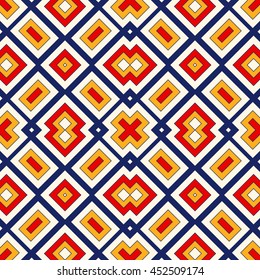 Bright ethnic abstract background. Seamless pattern with symmetric geometric ornament. Ornamental vivid wallpaper. Vector illustration