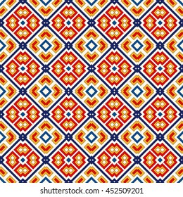 Bright ethnic abstract background. Seamless pattern with symmetric geometric ornament. Ornamental vivid wallpaper. Vector illustration