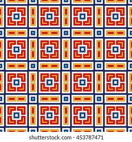 Bright ethnic abstract background. Seamless pattern with symmetric geometric ornament. Ornamental vivid wallpaper. Vector illustration