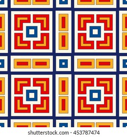 Bright ethnic abstract background. Seamless pattern with symmetric geometric ornament. Ornamental vivid wallpaper. Vector illustration