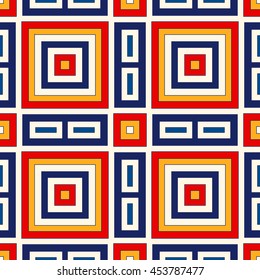 Bright ethnic abstract background. Seamless pattern with symmetric geometric ornament. Ornamental vivid wallpaper. Vector illustration