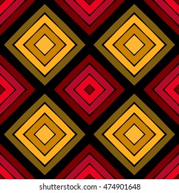 Bright ethnic abstract background. Seamless pattern with decorative ornament in african style. Repeated squares and rhombuses ornamental wallpaper. Vector illustration