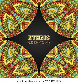 Bright Ethnic Background With Corner Elements. Frame composition with tribal ornament in stained glass style. Border for greeting cards, invitations or posters. Copy space. Vector file is EPS8.