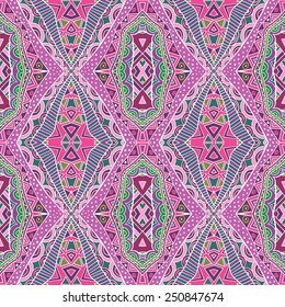 Bright ethnic carpet seamless pattern. Geometric pattern in purple shadows colors. Abstract symmetric pattern. Tribal background ornament. Contrast repeatable texture. Vector file is EPS8.
