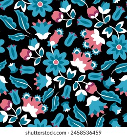 Bright ethnic pattern of Mexican ethnic flowers on a black background