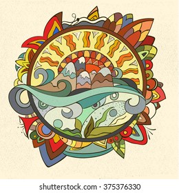 Bright ethnic pattern.Abstract planet. Light of the earth . Template for design. Postcard. Background. Handmade.