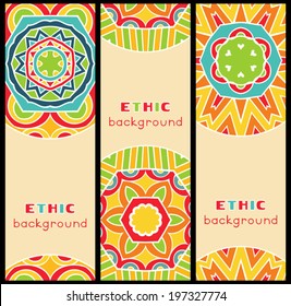 Bright ethnic patterns at set of cards. Set of three tribal ornate banners with bright ethnic round patterns. Printable set of vertical cards for special design. Copy space. Vector is grouped EPS8.