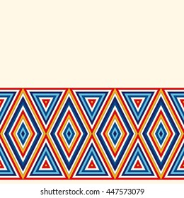 Bright ethnic seamless border on white background. Pattern with symmetric geometric ornament. Abstract ornate element for your design with place for text. Vector illustration