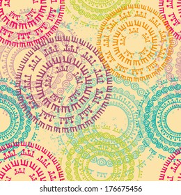 Bright ethnic seamless pattern. All vintage wear located on a separate layer. All elements of the pattern are conveniently grouped and easily editable