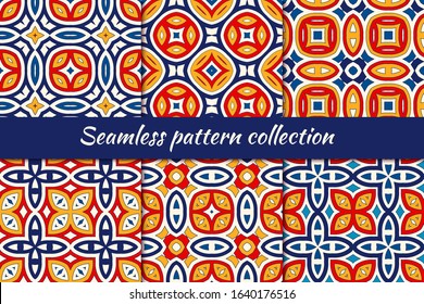 Bright ethnic seamless pattern collection. Folk, tribal design backgrounds set. Oriental mosaic tiles. Eclectic embroidery print kit. Kaleidoscope ornaments. Vector digital paper, abstract wallpaper