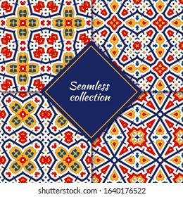 Bright ethnic seamless pattern collection. Folk, tribal design backgrounds set. Oriental mosaic tiles. Eclectic embroidery print kit. Kaleidoscope ornaments. Vector digital paper, abstract wallpaper