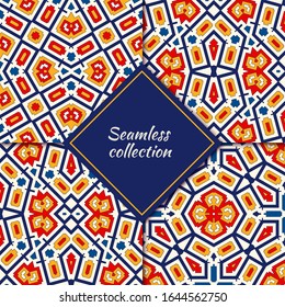 Bright ethnic seamless pattern collection. Folk, tribal design backgrounds set. Oriental mosaic tiles. Eclectic embroidery print kit. Kaleidoscope ornaments. Vector digital paper, abstract wallpaper