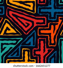 Bright ethnic seamless pattern. Tribal style surface print. Repeated irregular geometric shapes ornament motif. Vivid geo maze design wallpaper. Vector funny artistic abstract background