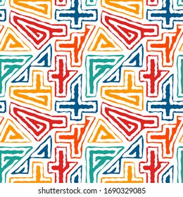 Un brillante patrón étnico sin fisuras. Impresión de superficie de estilo tribal. Formas geométricas irregulares repetidas con motivos de adorno. Papel pintado de diseño de geo vivo. Antecedentes abstractos artísticos divertidos del vector