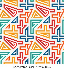 Un brillante patrón étnico sin fisuras. Impresión de superficie de estilo tribal. Formas geométricas irregulares repetidas con motivos de adorno. Papel pintado de diseño de geo vivo. Antecedentes abstractos artísticos divertidos del vector