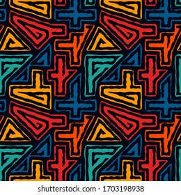 Bright ethnic seamless pattern. Tribal style surface print. Repeated irregular geometric shapes ornament motif. Vivid geo maze design wallpaper. Vector funny artistic abstract background