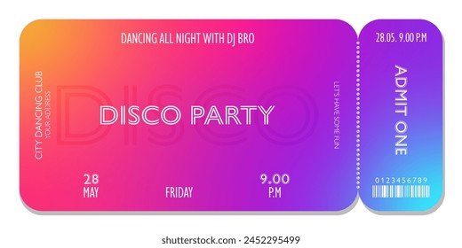 Bright event ticket template in disco style. For parties, concerts and other events in 80-s, 90-s style. Vector, can be used for web and print. Just add your text.